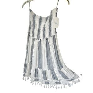 Brand 🆕 Blue White & Metallic Silver Striped Strapless Dress +White Tassels Hem